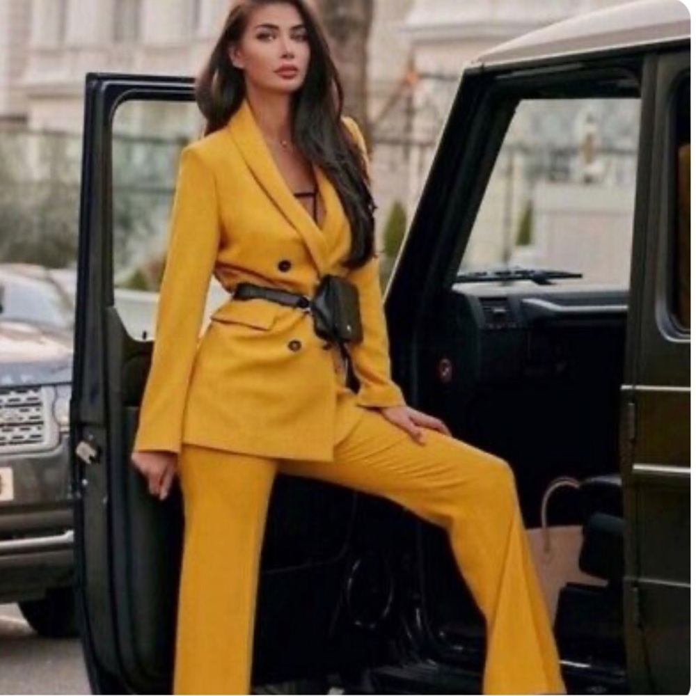 Zara Women Button Blazer & Trousers Co-ord Set Suit Yellow Size Small